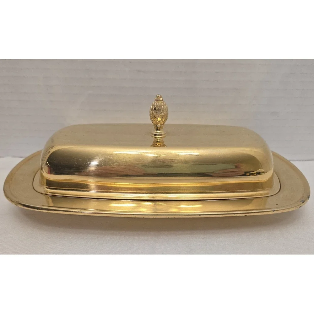 Vintage Oneida Tudor Plate Gold Plated Covered Butter Dish with Lid